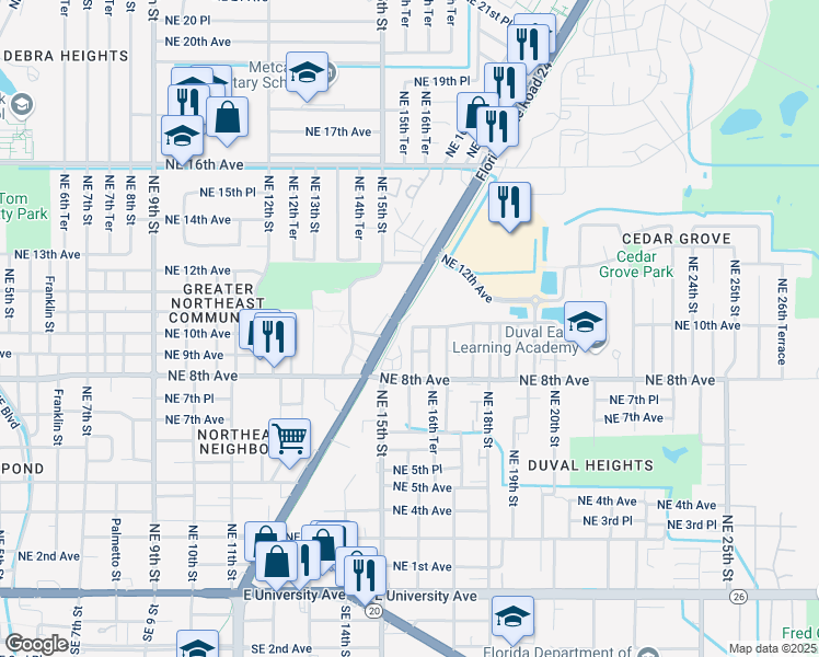 map of restaurants, bars, coffee shops, grocery stores, and more near 1001 Northeast Waldo Road in Gainesville