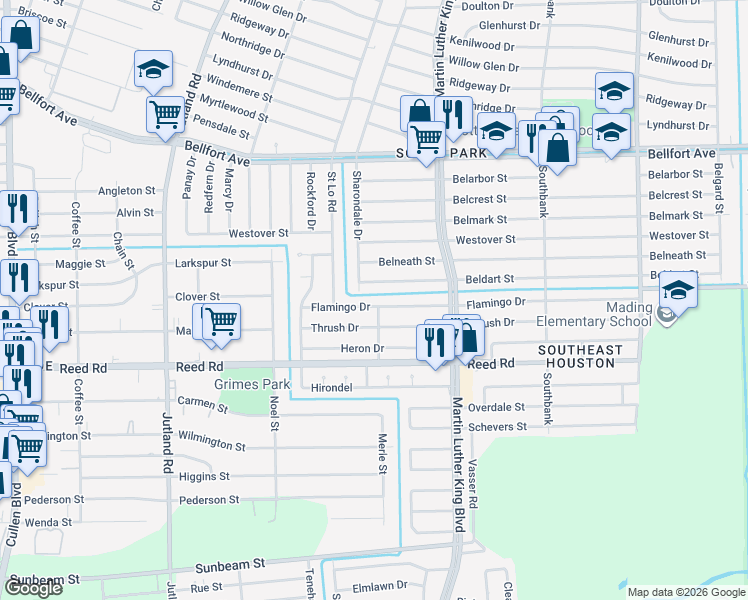 map of restaurants, bars, coffee shops, grocery stores, and more near 5535 Flamingo Drive in Houston