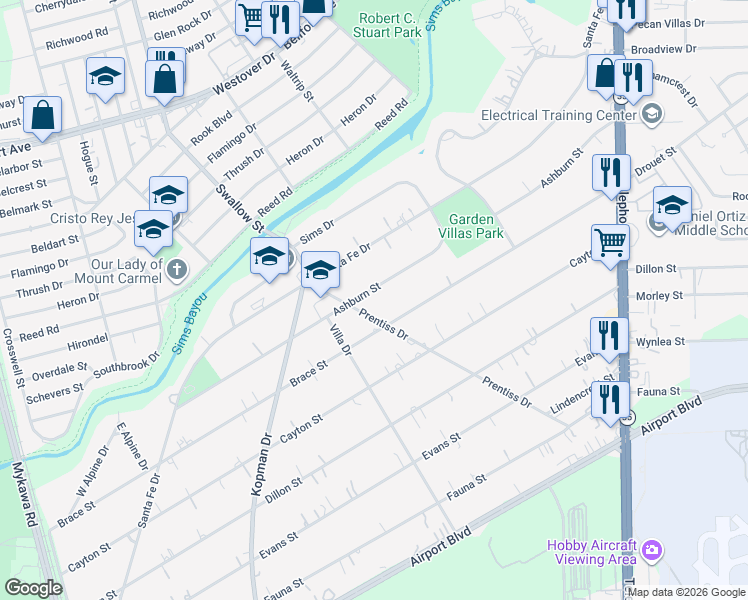 map of restaurants, bars, coffee shops, grocery stores, and more near 7220 Ashburn Street in Houston