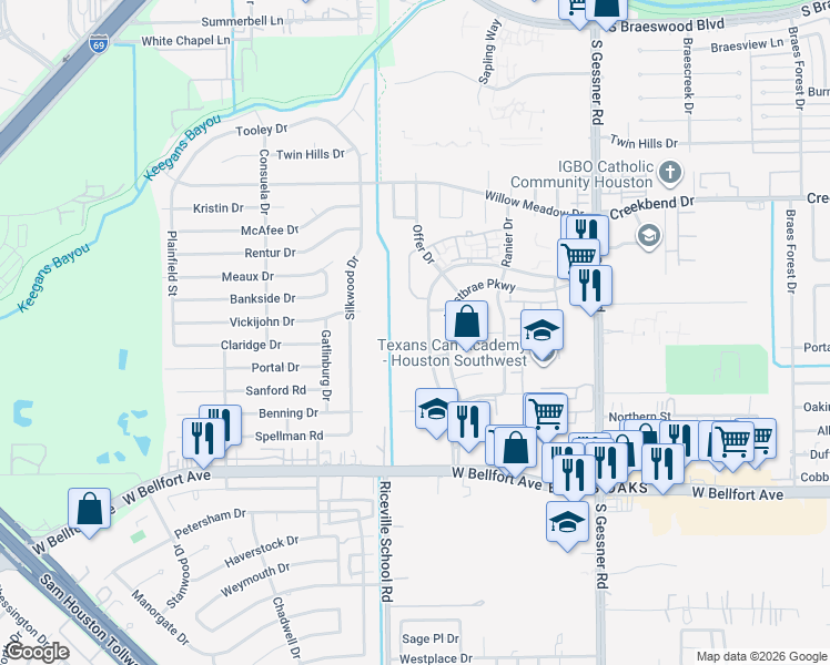 map of restaurants, bars, coffee shops, grocery stores, and more near 10950 Westbrae Parkway in Houston