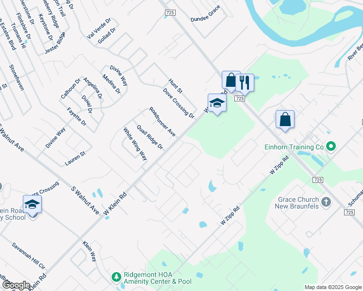 map of restaurants, bars, coffee shops, grocery stores, and more near Ruger Path in New Braunfels