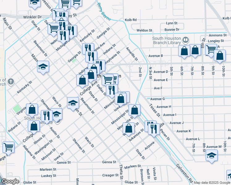 map of restaurants, bars, coffee shops, grocery stores, and more near 1612 Galveston Road in South Houston