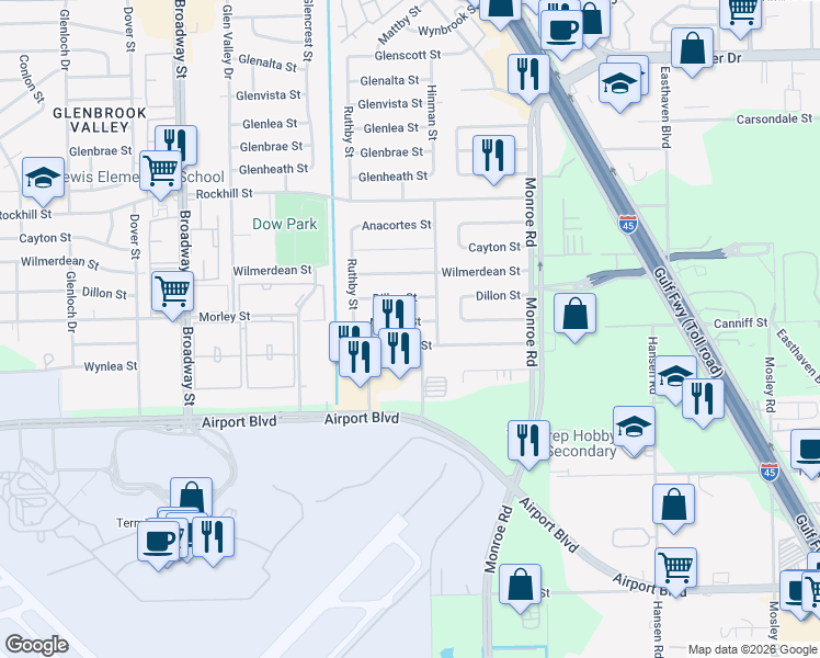 map of restaurants, bars, coffee shops, grocery stores, and more near 8302 Morley Street in Houston