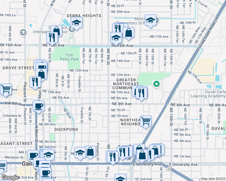 map of restaurants, bars, coffee shops, grocery stores, and more near 914 Northeast 10th Avenue in Gainesville