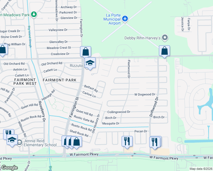 map of restaurants, bars, coffee shops, grocery stores, and more near 3109 Old Hickory Drive in La Porte