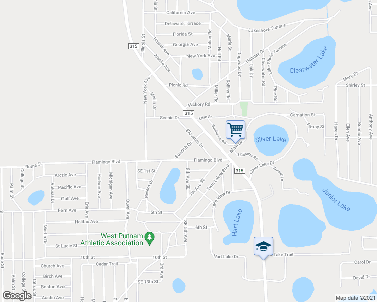 map of restaurants, bars, coffee shops, grocery stores, and more near 209 Sunfish Drive in Interlachen