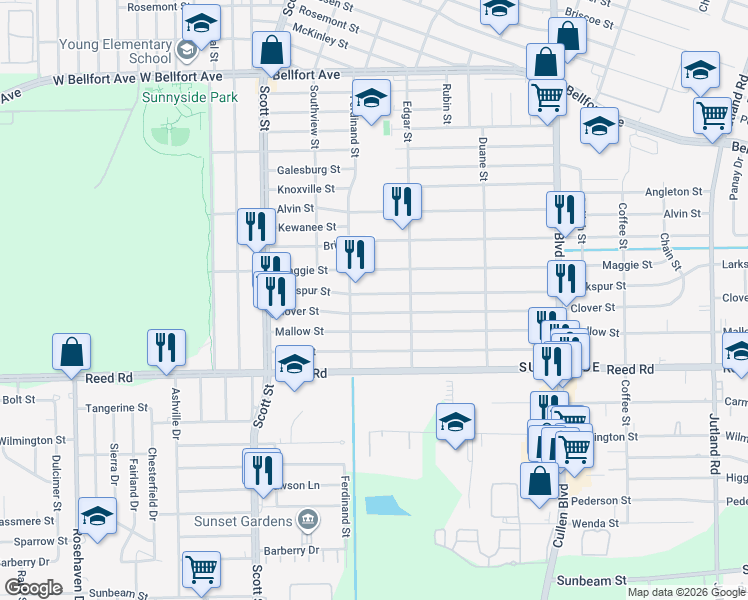 map of restaurants, bars, coffee shops, grocery stores, and more near 4326 Larkspur Street in Houston