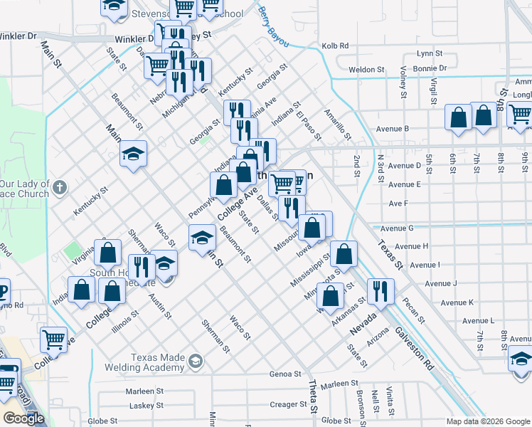 map of restaurants, bars, coffee shops, grocery stores, and more near 601 Illinois Street in South Houston