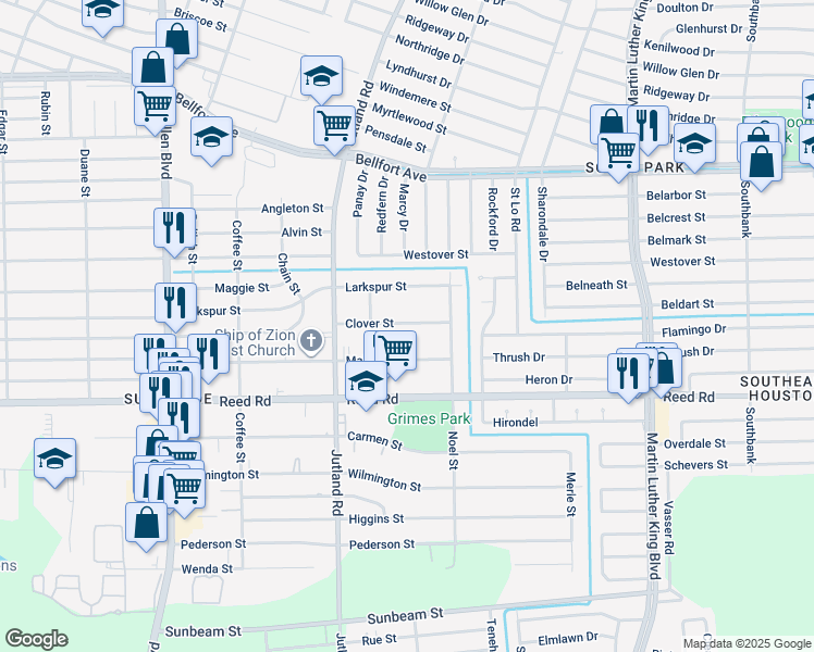map of restaurants, bars, coffee shops, grocery stores, and more near 5124 Clover Street in Houston