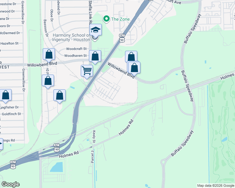 map of restaurants, bars, coffee shops, grocery stores, and more near 3605 Main Plaza Drive in Houston