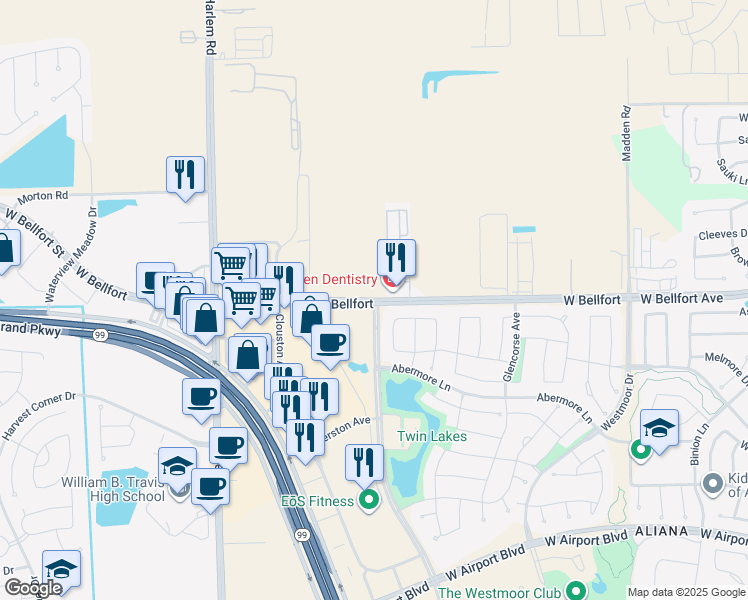 map of restaurants, bars, coffee shops, grocery stores, and more near 18480 West Bellfort in Richmond