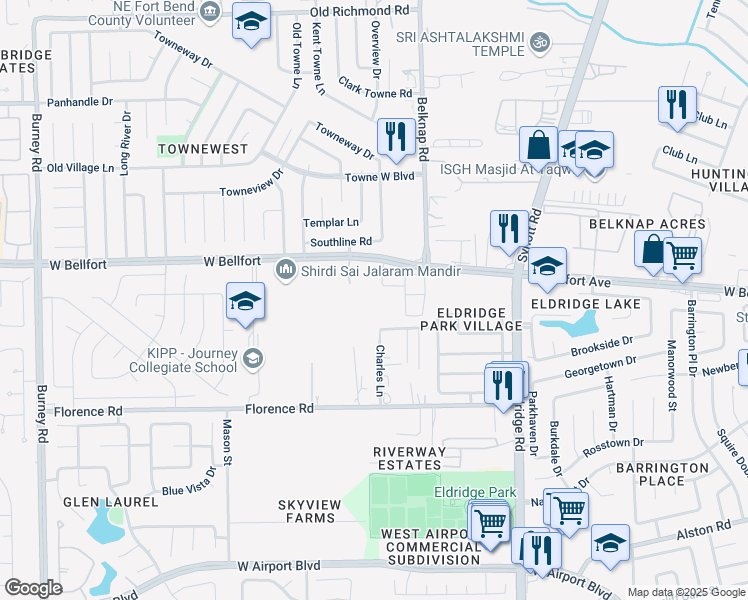 map of restaurants, bars, coffee shops, grocery stores, and more near 2701 Charles Lane in Sugar Land