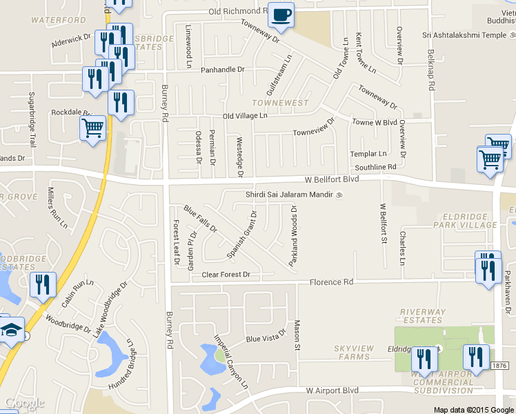 map of restaurants, bars, coffee shops, grocery stores, and more near 10703 Spanish Grant Drive in Sugar Land