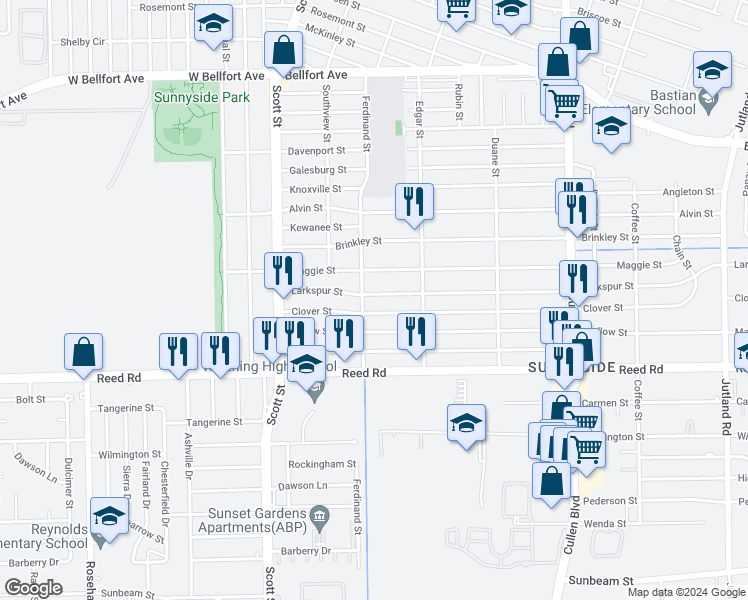 map of restaurants, bars, coffee shops, grocery stores, and more near 4310 Larkspur Street in Houston