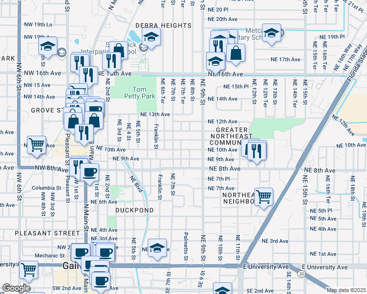 map of restaurants, bars, coffee shops, grocery stores, and more near 716 Northeast 10th Avenue in Gainesville