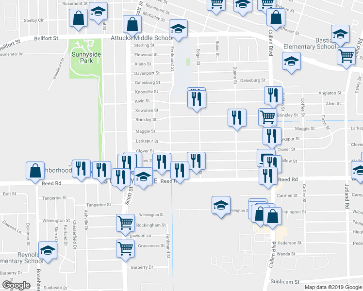 map of restaurants, bars, coffee shops, grocery stores, and more near 4310 Larkspur Street in Houston