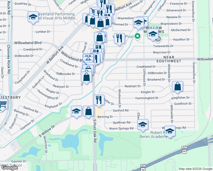 map of restaurants, bars, coffee shops, grocery stores, and more near 4830 Kinglet Street in Houston