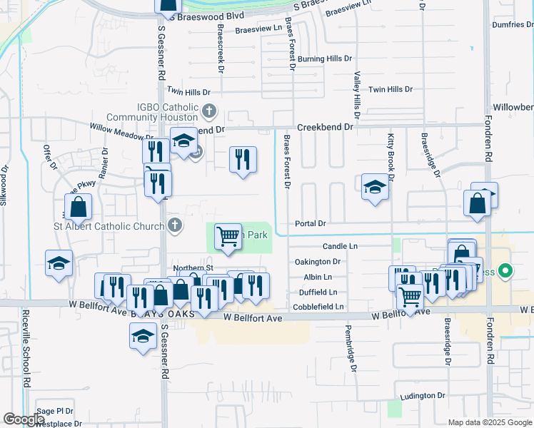 map of restaurants, bars, coffee shops, grocery stores, and more near 10910 Braes Forest Drive in Houston