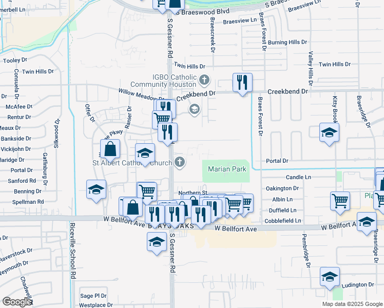 map of restaurants, bars, coffee shops, grocery stores, and more near 10965 South Gessner Road in Houston