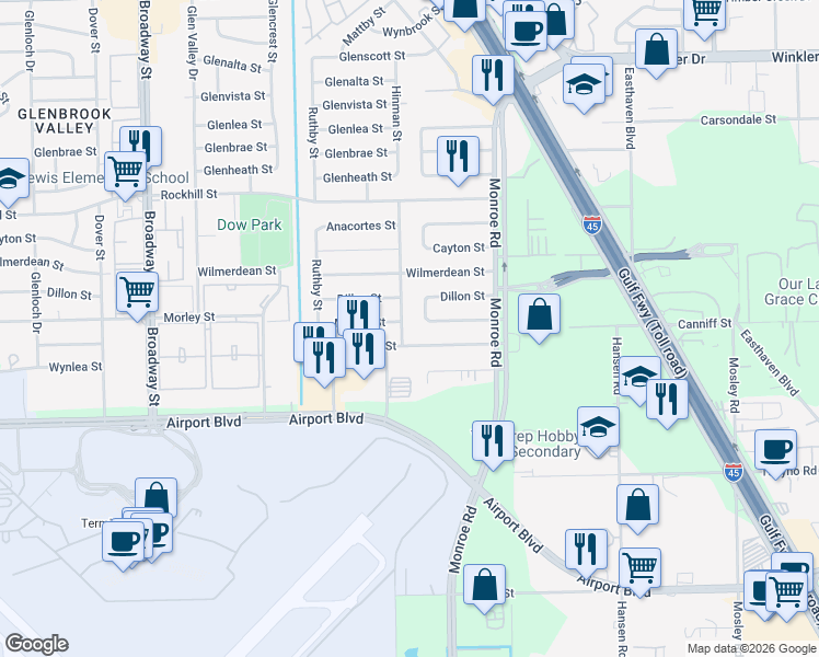 map of restaurants, bars, coffee shops, grocery stores, and more near 8725 Hinman Street in Houston
