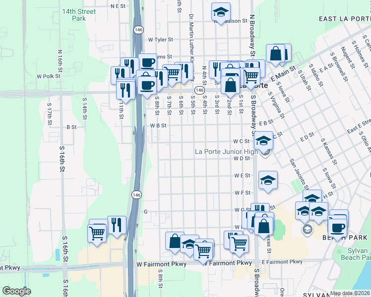 map of restaurants, bars, coffee shops, grocery stores, and more near 406 South 5th Street in La Porte