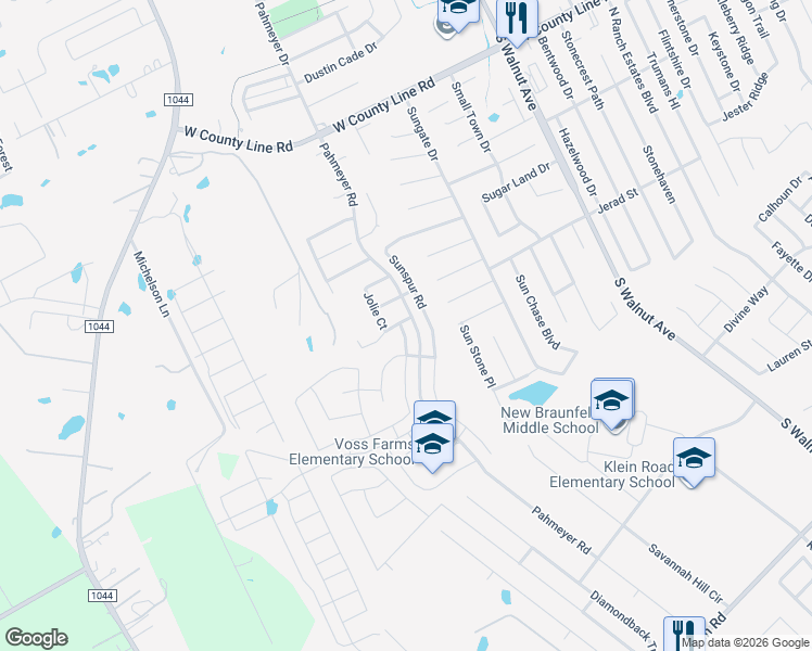 map of restaurants, bars, coffee shops, grocery stores, and more near 2211 Broken Wheel Lane in New Braunfels
