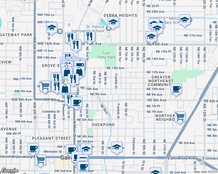 map of restaurants, bars, coffee shops, grocery stores, and more near 512 Northeast 10th Avenue in Gainesville