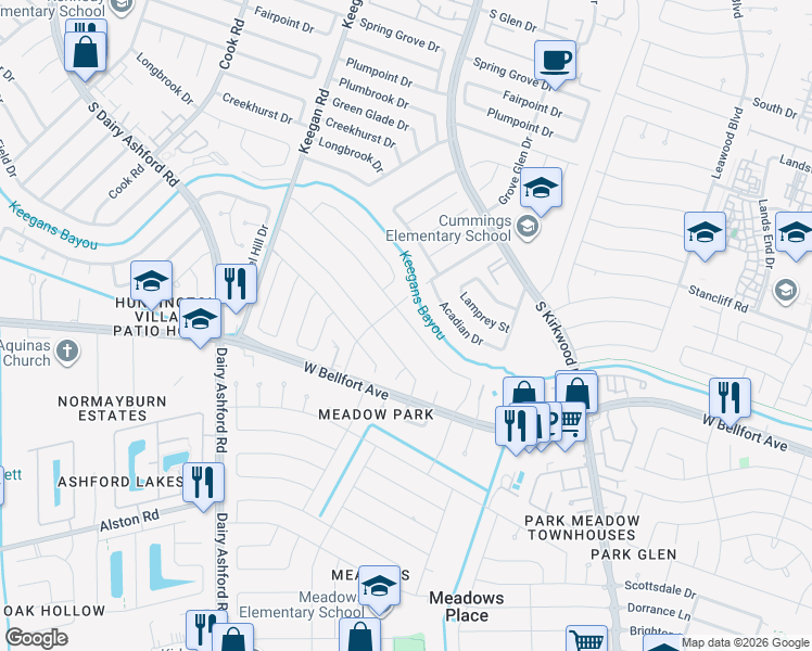 map of restaurants, bars, coffee shops, grocery stores, and more near 12117 Tambourine Drive in Stafford
