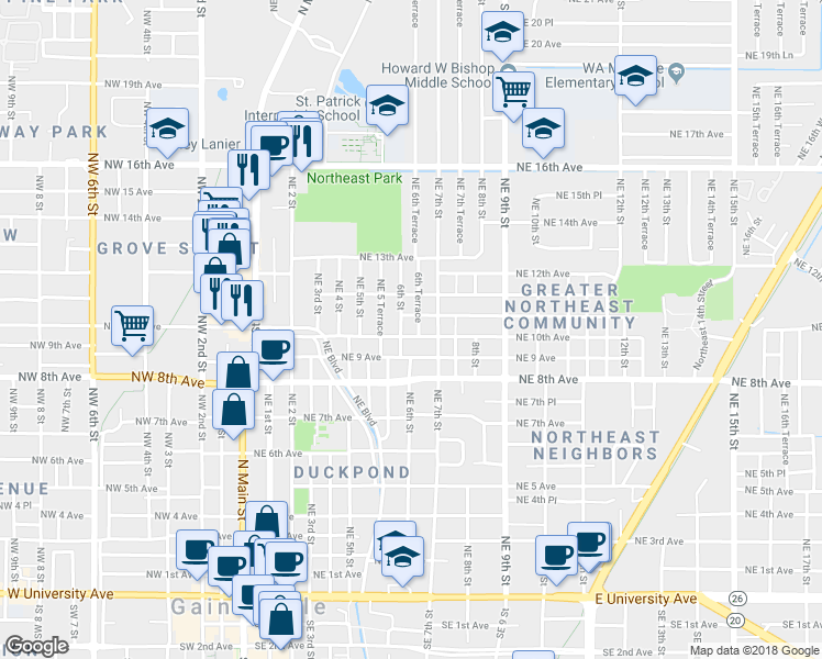 map of restaurants, bars, coffee shops, grocery stores, and more near 614 NE 10th Ave in Gainesville