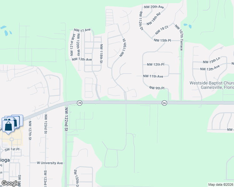 map of restaurants, bars, coffee shops, grocery stores, and more near 11606 Northwest 8 Lane in Gainesville