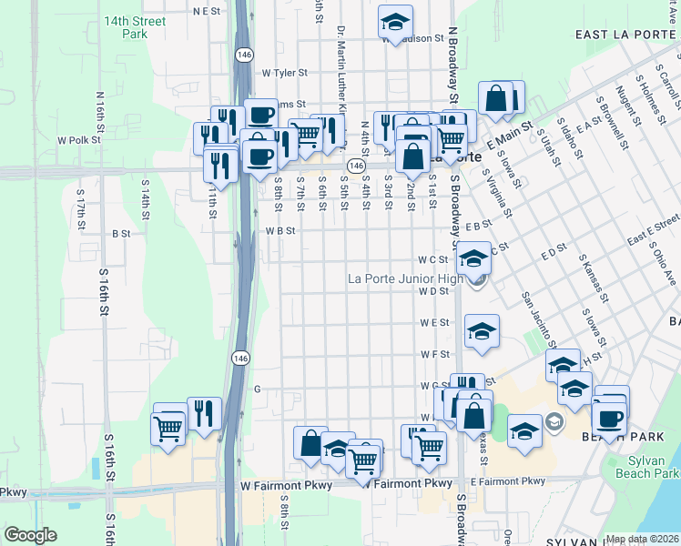 map of restaurants, bars, coffee shops, grocery stores, and more near 406 South 5th Street in La Porte