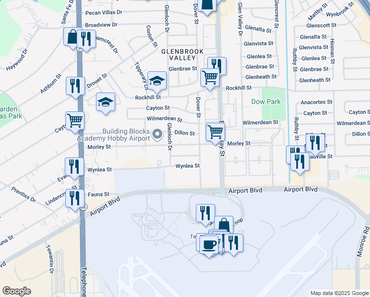 map of restaurants, bars, coffee shops, grocery stores, and more near 7722 Morley Street in Houston