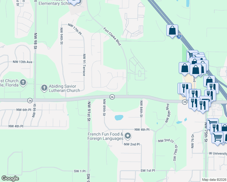 map of restaurants, bars, coffee shops, grocery stores, and more near 8725 Northwest 9th Place in Gainesville