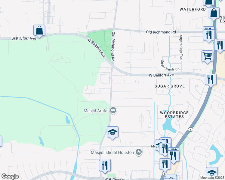 map of restaurants, bars, coffee shops, grocery stores, and more near 16039 Old Richmond Road in Sugar Land