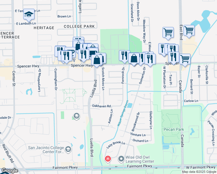 map of restaurants, bars, coffee shops, grocery stores, and more near 8403 Avington Road in La Porte
