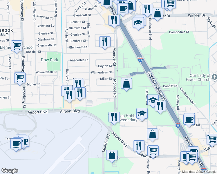 map of restaurants, bars, coffee shops, grocery stores, and more near 8634 Morley Street in Houston