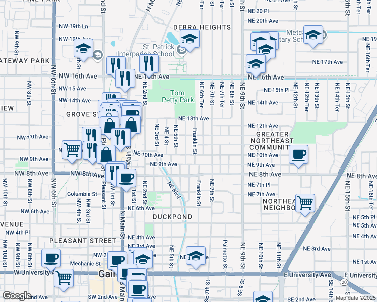 map of restaurants, bars, coffee shops, grocery stores, and more near 512 Northeast 10th Avenue in Gainesville