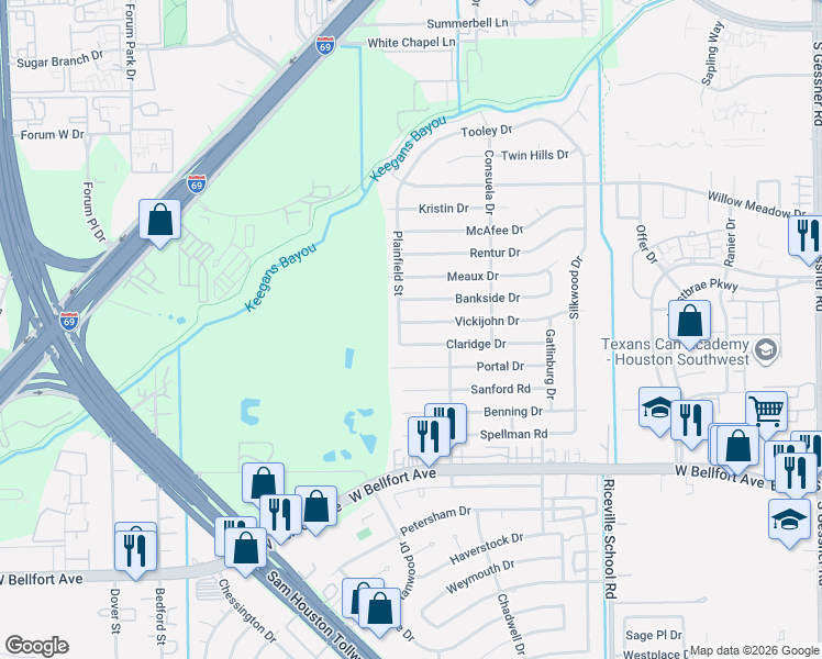 map of restaurants, bars, coffee shops, grocery stores, and more near 9427 Vickijohn Drive in Houston