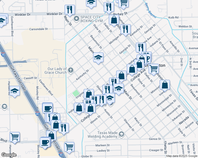 map of restaurants, bars, coffee shops, grocery stores, and more near 1005 Virginia Street in South Houston