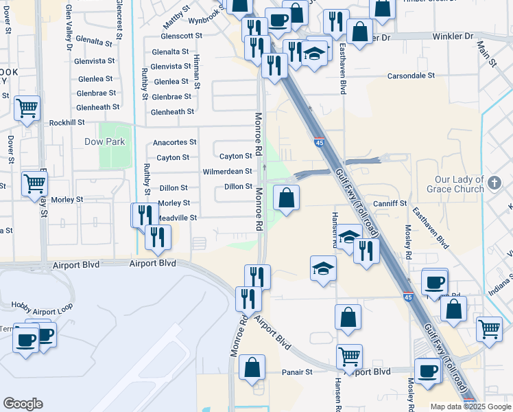 map of restaurants, bars, coffee shops, grocery stores, and more near 8634 Morley Street in Houston