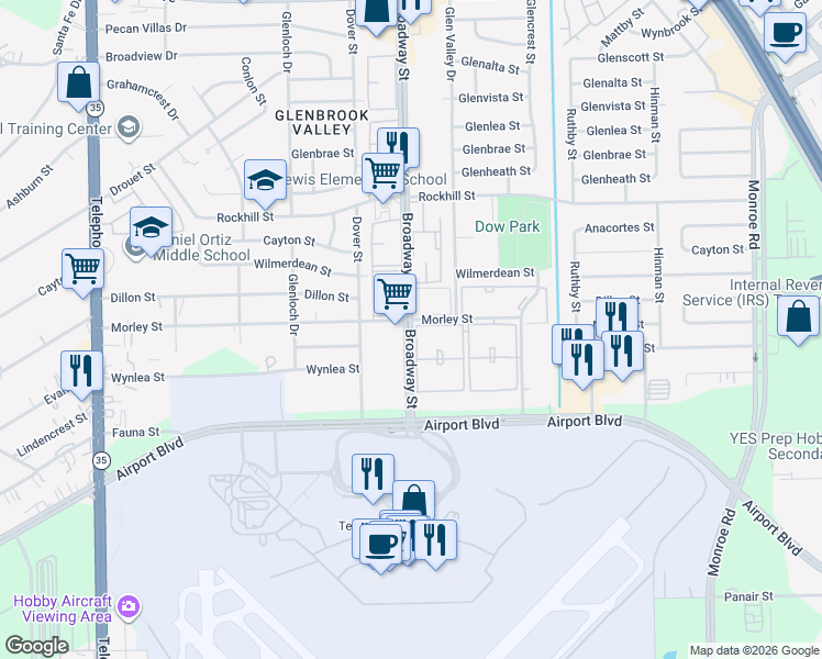 map of restaurants, bars, coffee shops, grocery stores, and more near 8811 Broadway Street in Houston