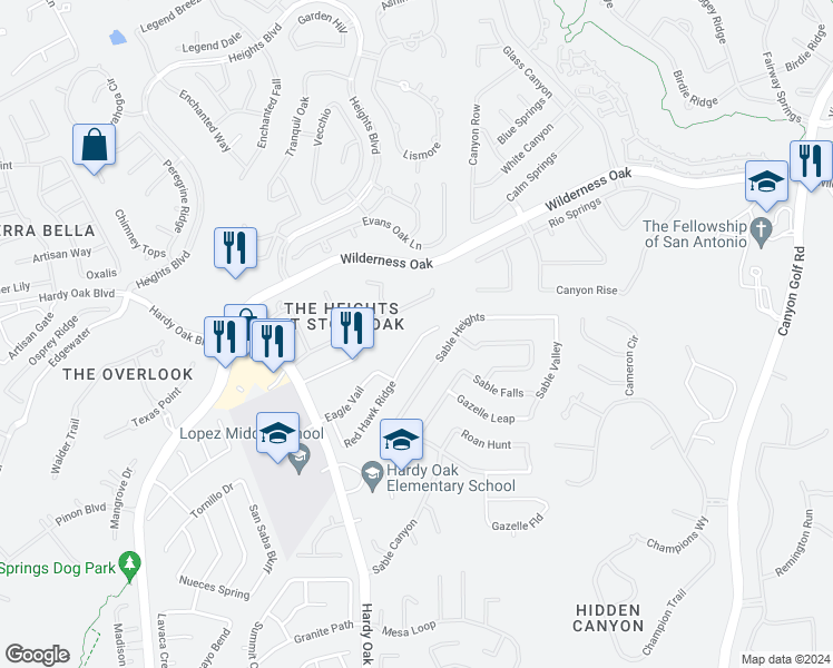 map of restaurants, bars, coffee shops, grocery stores, and more near 251 Red Hawk Ridge in San Antonio