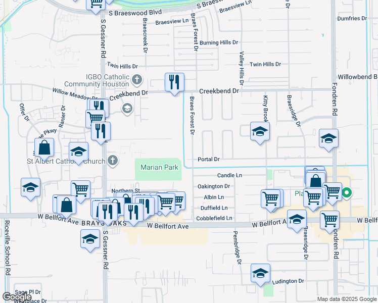map of restaurants, bars, coffee shops, grocery stores, and more near 10910 Braes Forest Drive in Houston