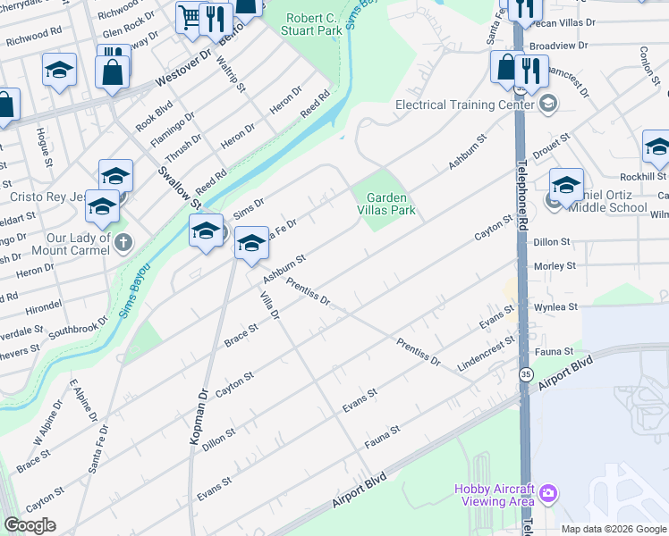 map of restaurants, bars, coffee shops, grocery stores, and more near 7327 Brace Street in Houston