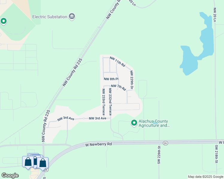map of restaurants, bars, coffee shops, grocery stores, and more near 711 Northwest 232nd Terrace in Newberry