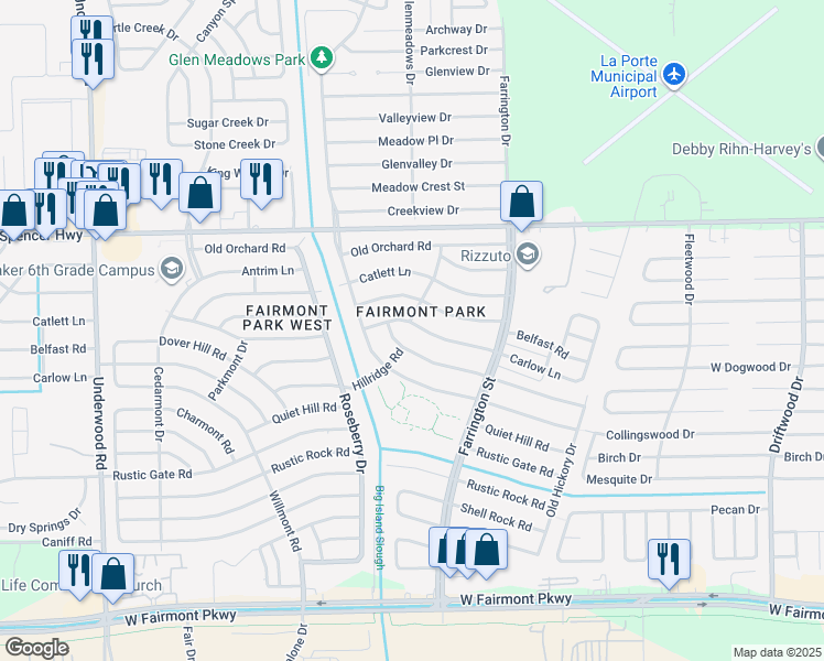 map of restaurants, bars, coffee shops, grocery stores, and more near 10302 Carlow Lane in La Porte