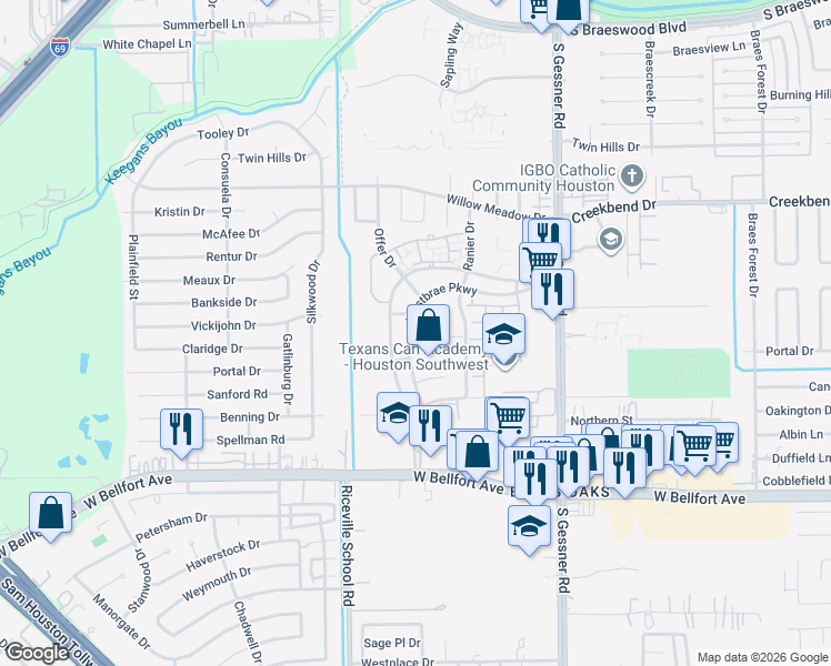 map of restaurants, bars, coffee shops, grocery stores, and more near 10922 Primrose Acres Lane in Houston