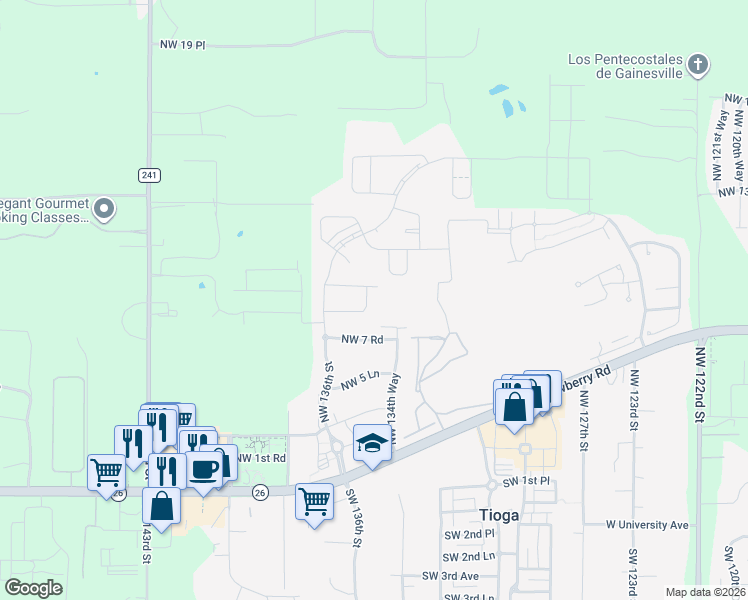 map of restaurants, bars, coffee shops, grocery stores, and more near 13513 Northwest 8th Road in Newberry