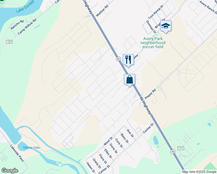 map of restaurants, bars, coffee shops, grocery stores, and more near 171 Elderberry in New Braunfels