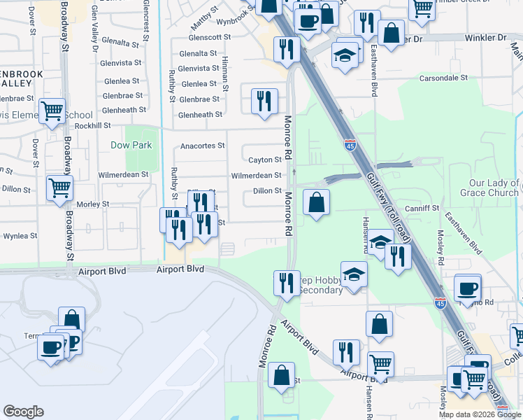 map of restaurants, bars, coffee shops, grocery stores, and more near 8602 Morley Street in Houston